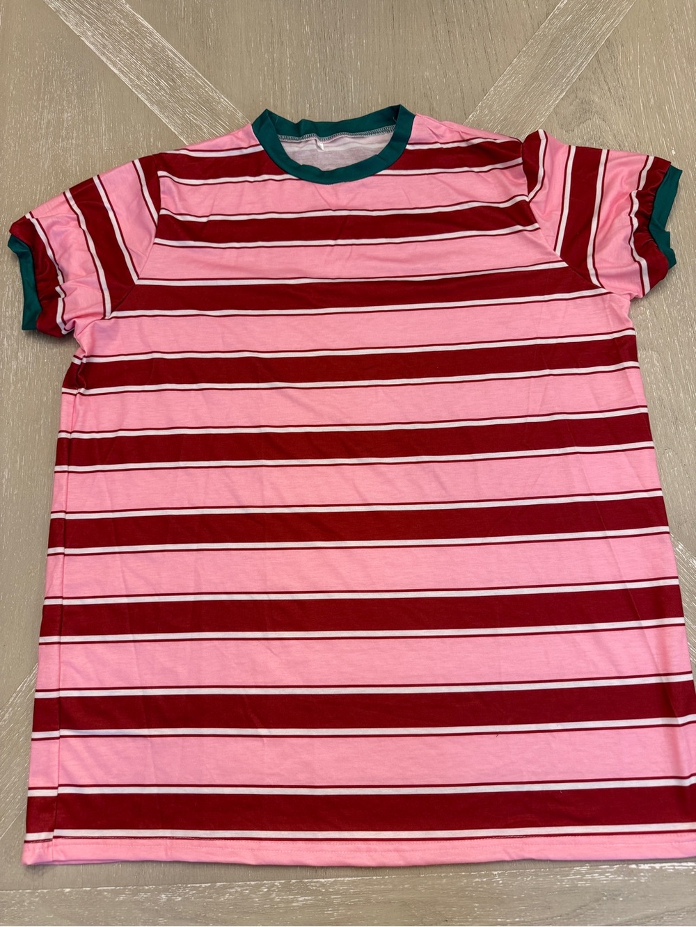 Ladies Striped Short Sleeve Tee in Pink & Maroon with Green Trim